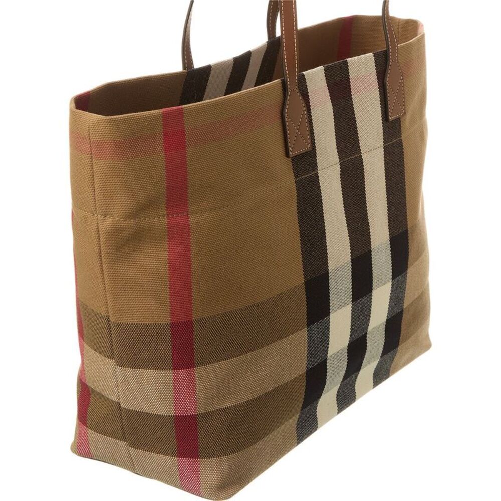 Burberry Check Canvas & Leather Tote, Beige - Picture 3 of 4